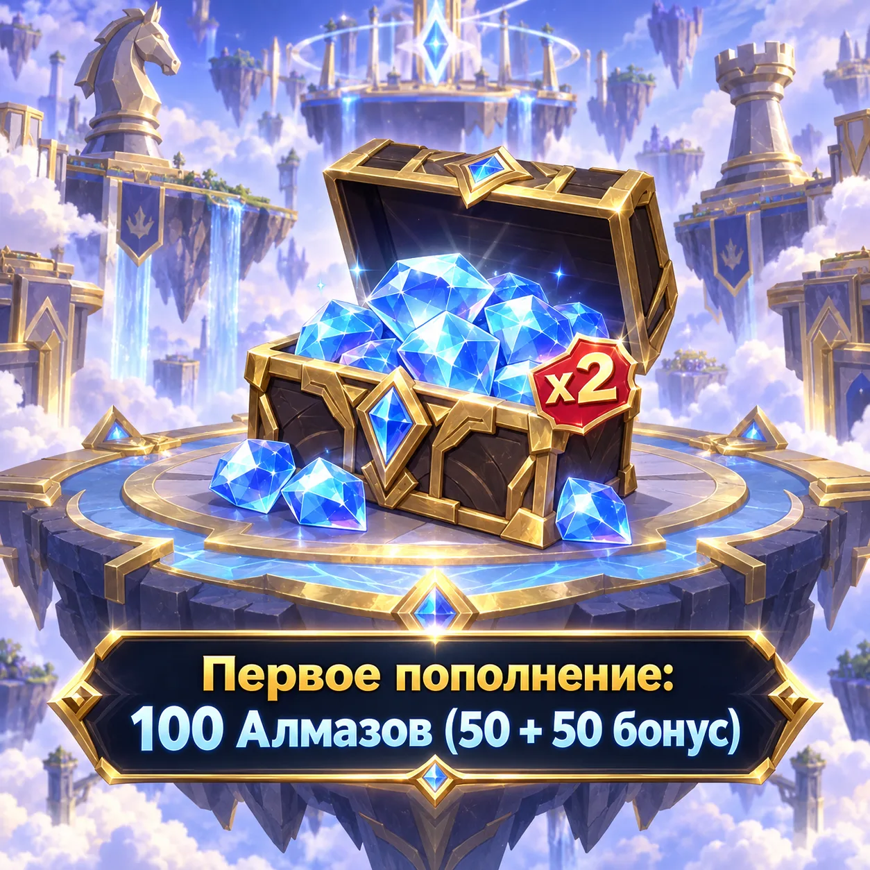 Первое пополнение: 100 Алмазов (50 + 50 бонус)