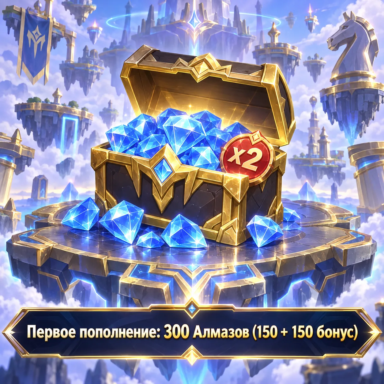 Первое пополнение: 300 Алмазов (150 + 150 бонус)