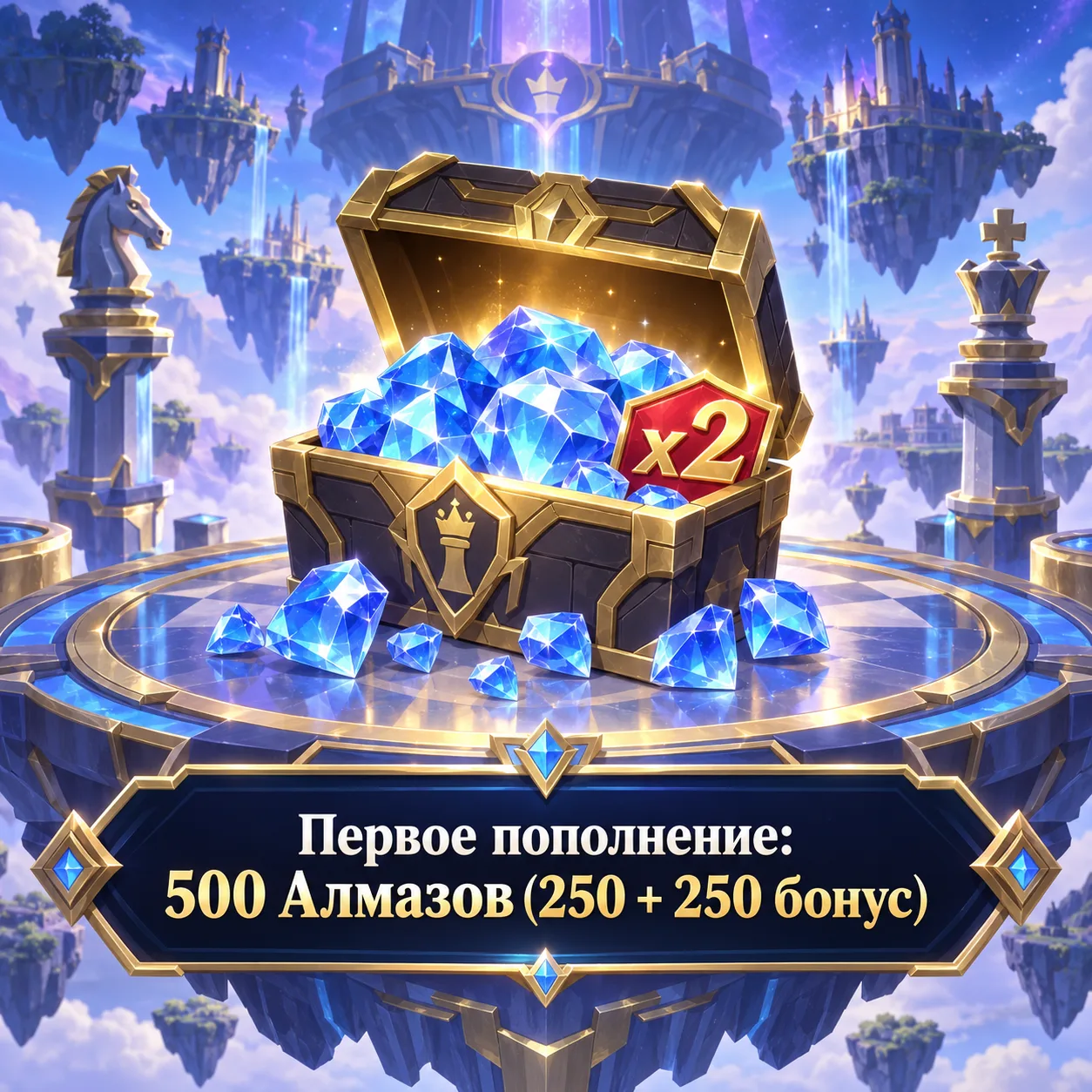 Первое пополнение: 500 Алмазов (250 + 250 бонус)