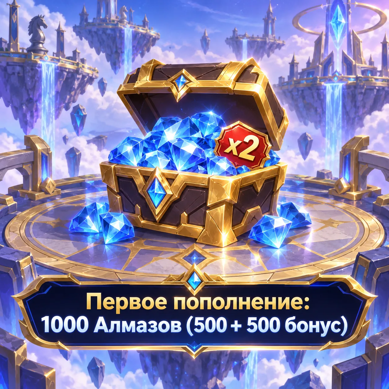 Первое пополнение: 1000 Алмазов (500 + 500 бонус)