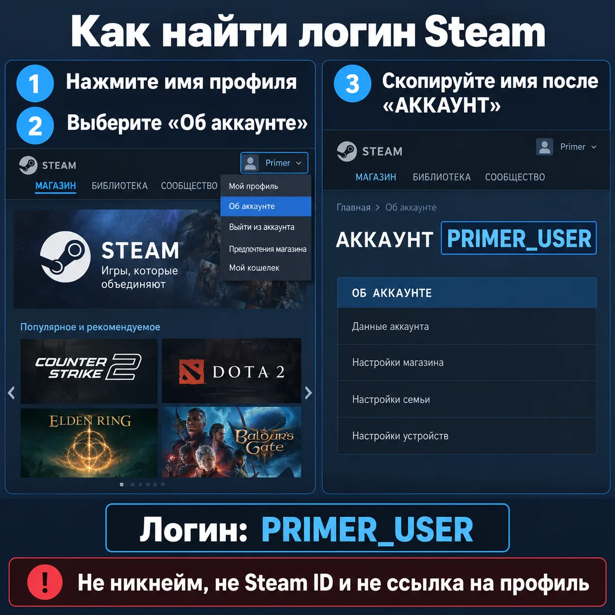 Как открыть раздел «Об аккаунте» и найти логин Steam