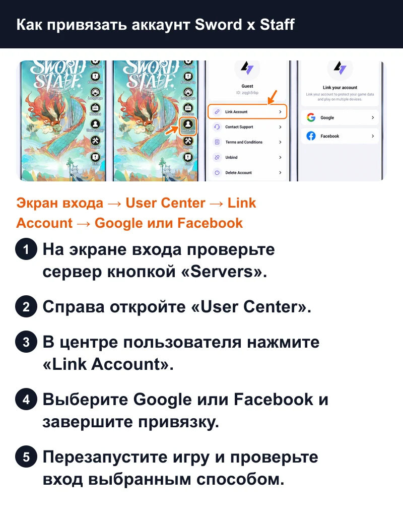 Sword x Staff: путь от экрана входа через User Center и Link Account к Google или Facebook