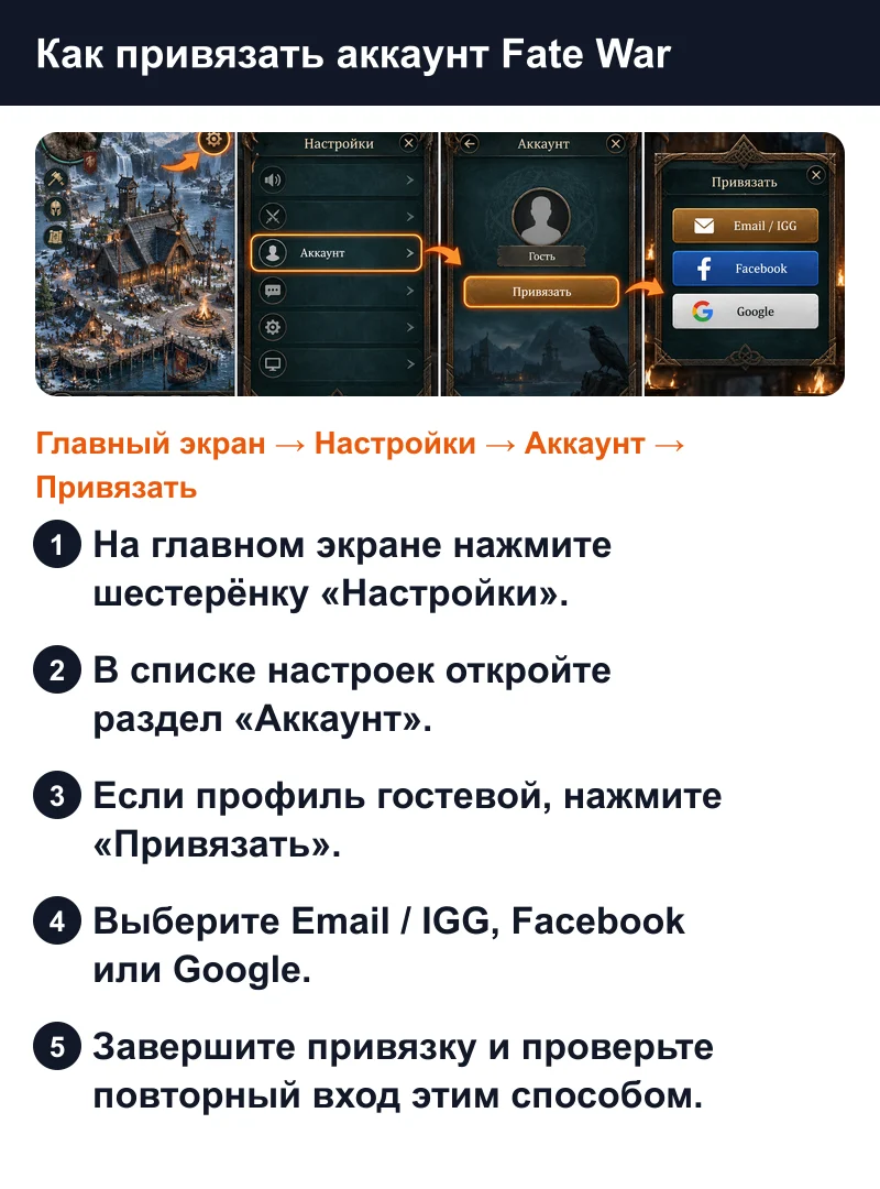 Как привязать аккаунт Fate War через Настройки, Аккаунт и кнопку Привязать