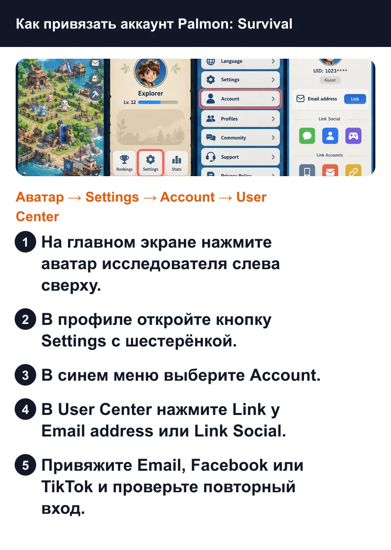 Как привязать Email Facebook или TikTok в Palmon Survival через аватар Settings Account и User Center