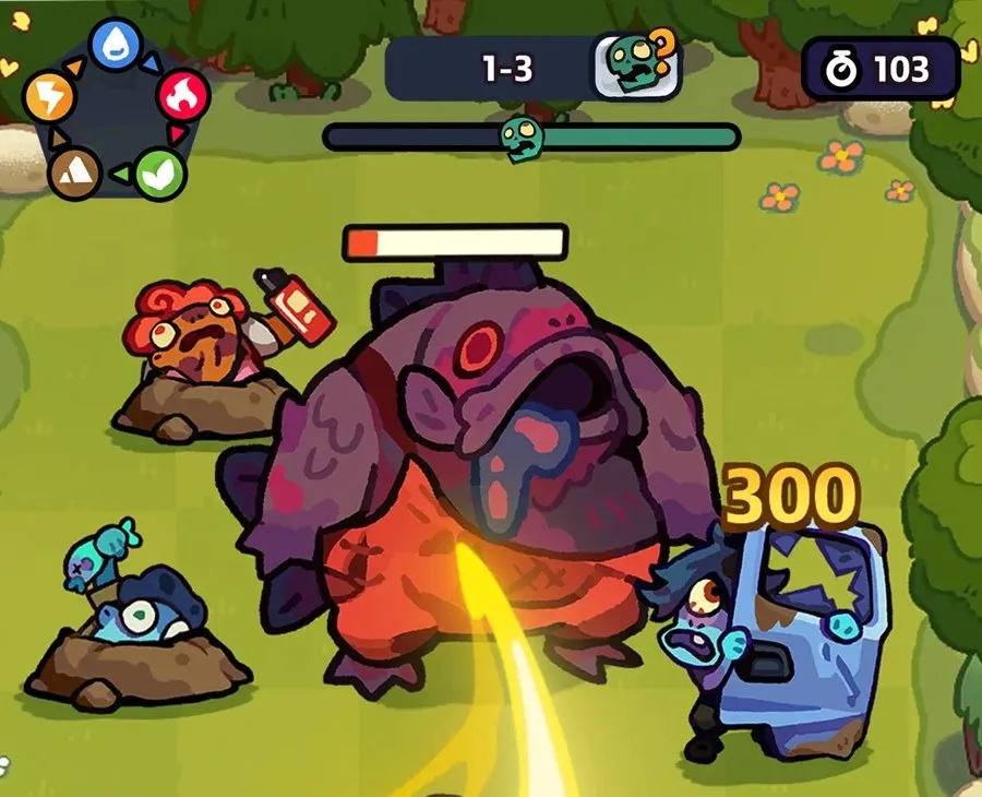 Кадр боя в Clash of Critters: босс и зоомби наступают сверху, слева вверху круг стихий