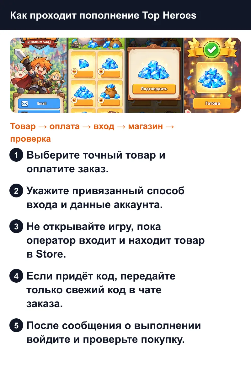 Пять шагов пополнения Top Heroes через вход в привязанный аккаунт