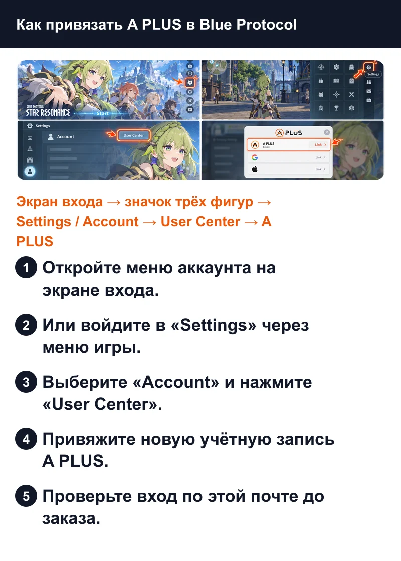 Как привязать A PLUS в Blue Protocol Star Resonance через User Center