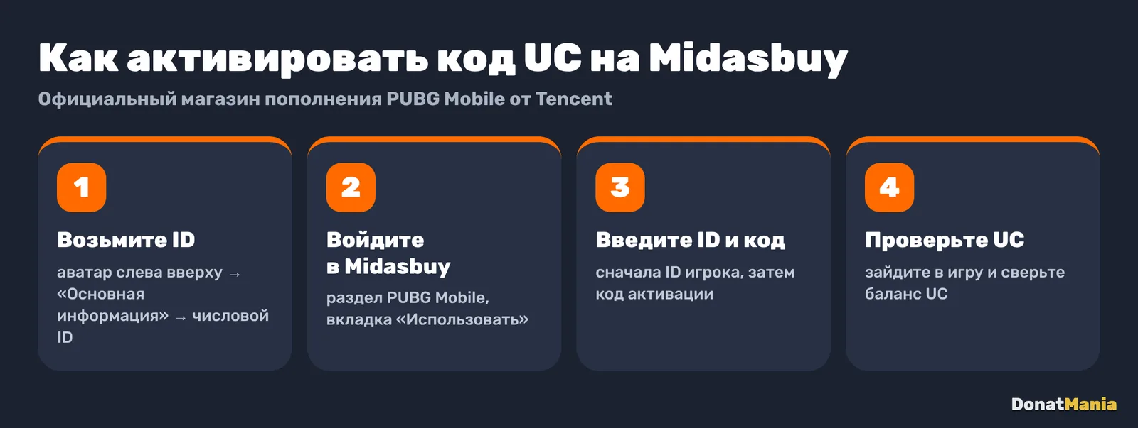 Как активировать код UC на Midasbuy: взять ID игрока, войти в Midasbuy, ввести ID и код, проверить UC в игре