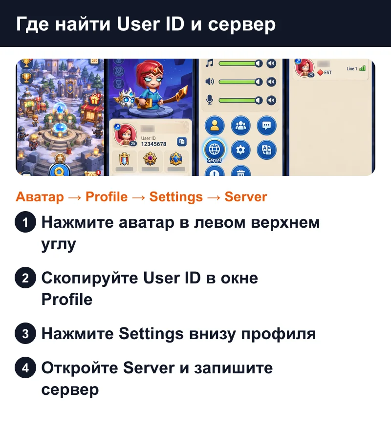 Где найти User ID и сервер в Whoa Adventure: Аватар → Profile → Settings → Server