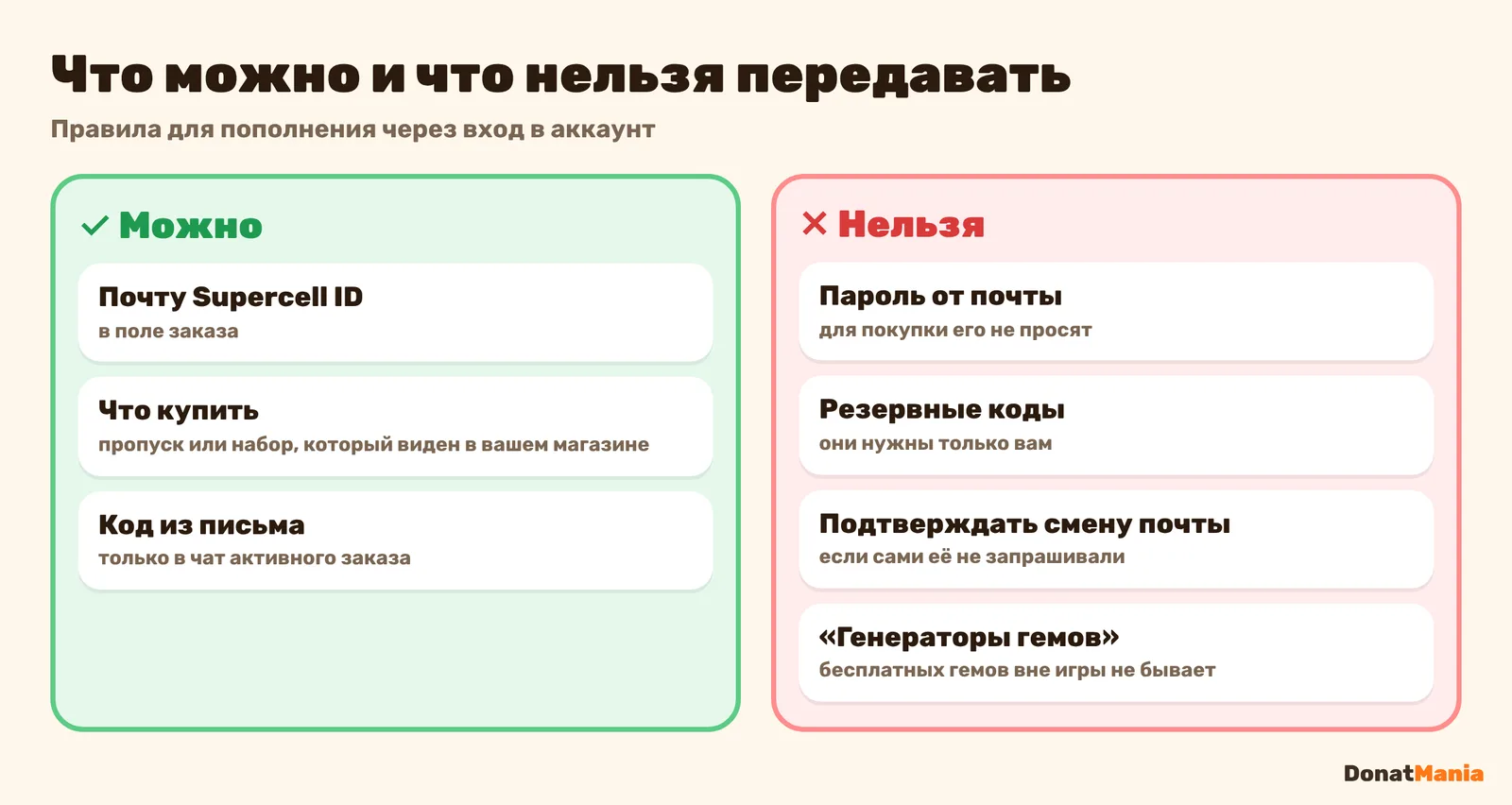 Что можно и что нельзя передавать при донате в Clash Royale и Clash of Clans: почту можно, пароль от почты и резервные коды нельзя