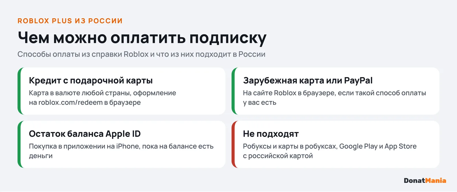 Чем оплатить Roblox Plus из России: кредит с подарочной карты, зарубежная карта или PayPal, остаток баланса Apple ID; не подходят робуксы и российская карта в магазинах приложений