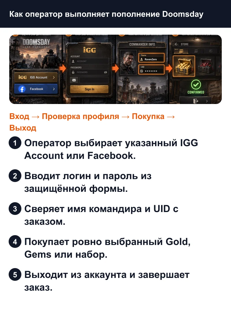 Пошаговая схема пополнения Doomsday: Last Survivors через вход оператора