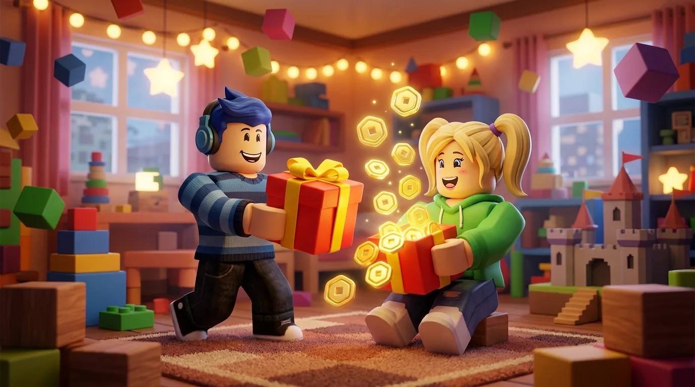 Два аватара Roblox дарят друг другу подарок с робуксами