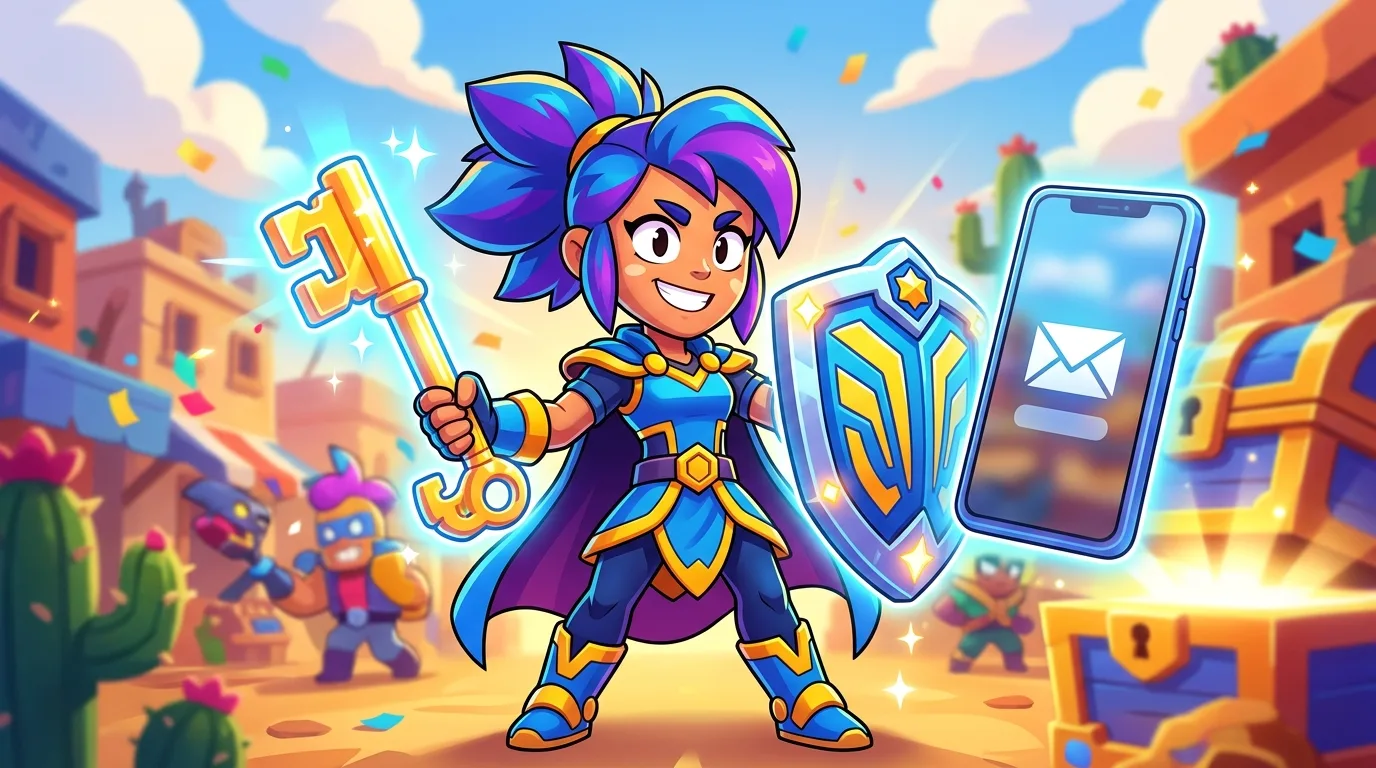 Боец Brawl Stars с ключом и щитом рядом с телефоном на экране входа