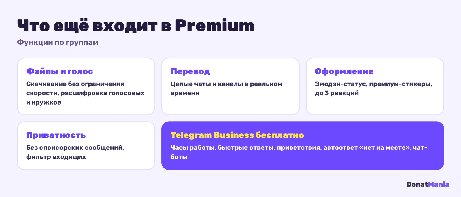 Функции Telegram Premium по группам: файлы и голосовые, истории, оформление, приватность, бизнес-функции