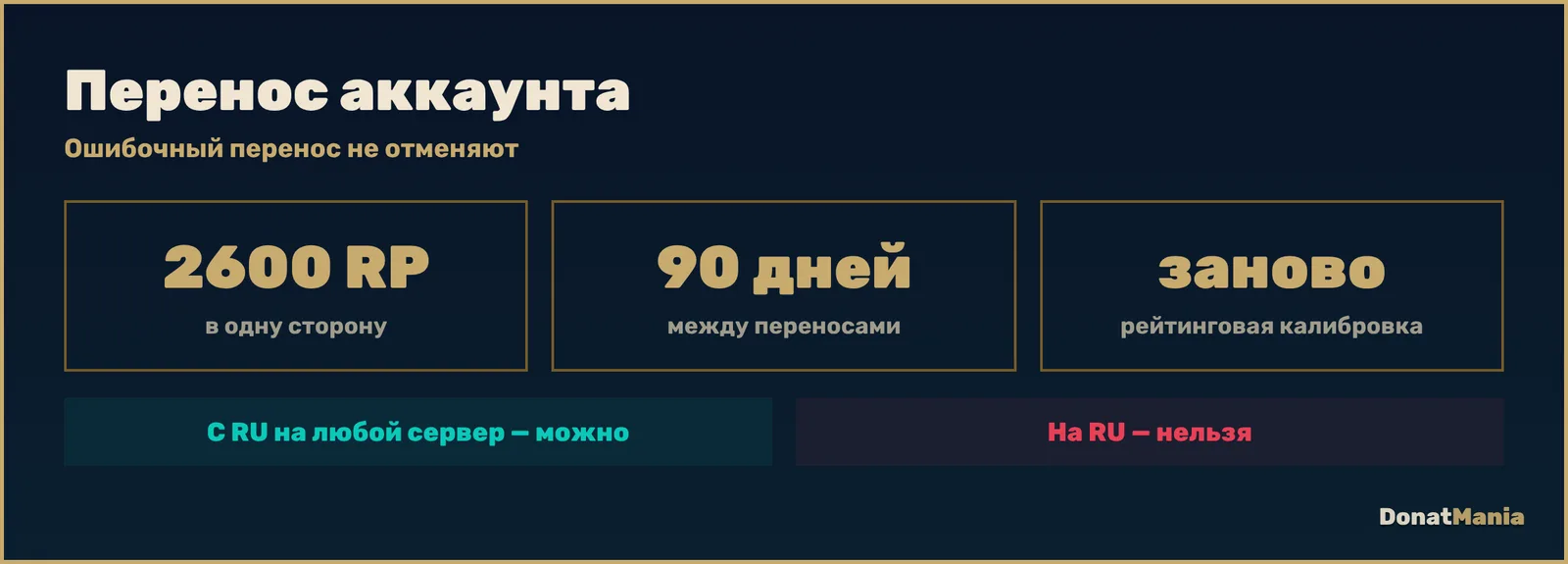 Перенос аккаунта League of Legends: 2600 RP, раз в 90 дней, с RU на любой сервер, на RU нельзя