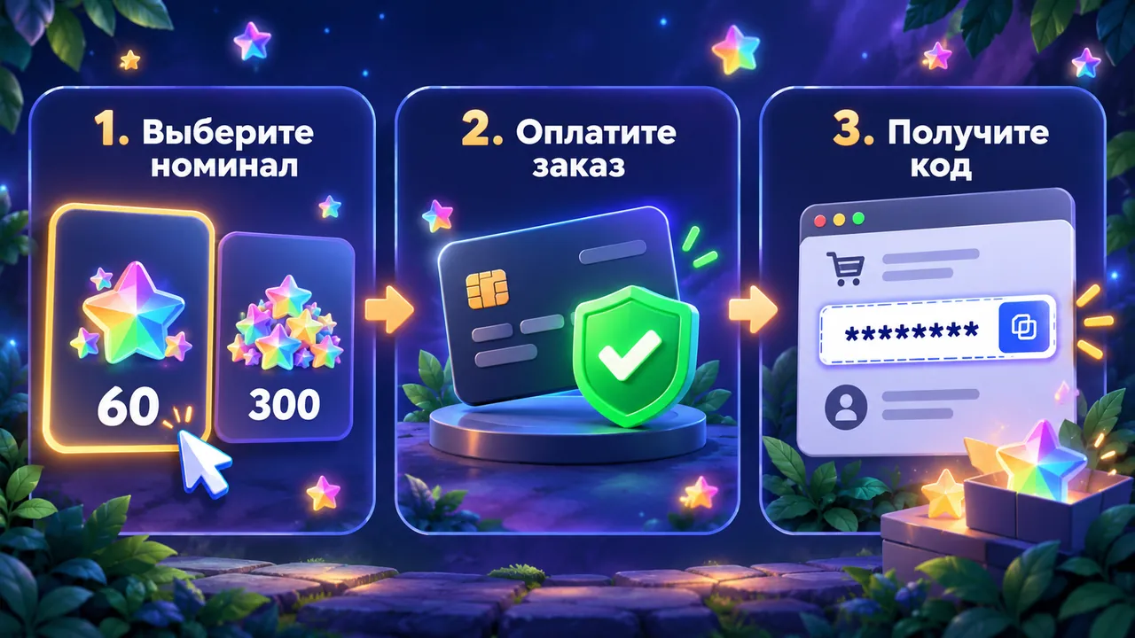 Как купить код Rainbow Stars на DonatMania: выбрать номинал, оплатить заказ и получить код