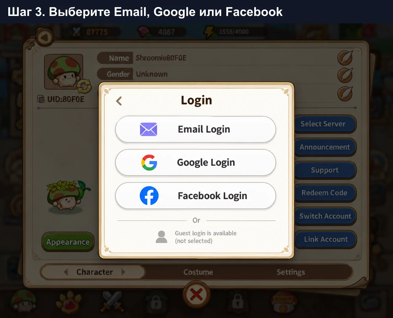 Как связать Legend of Mushroom: Email Login, Google Login или Facebook Login