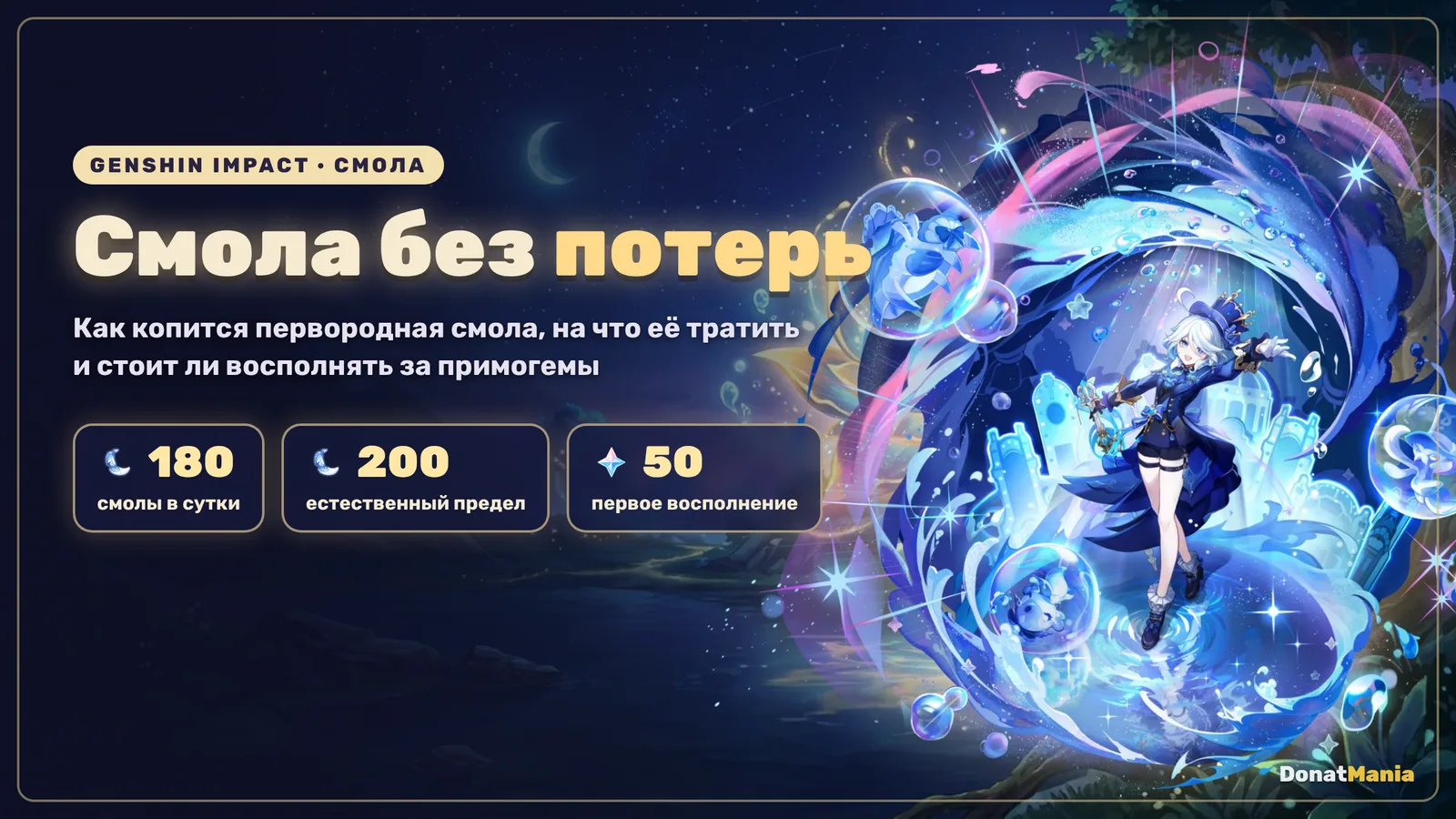 Фурина из Genshin Impact и первородная смола: 180 смолы в сутки, естественный предел 200, первое восполнение за 50 примогемов