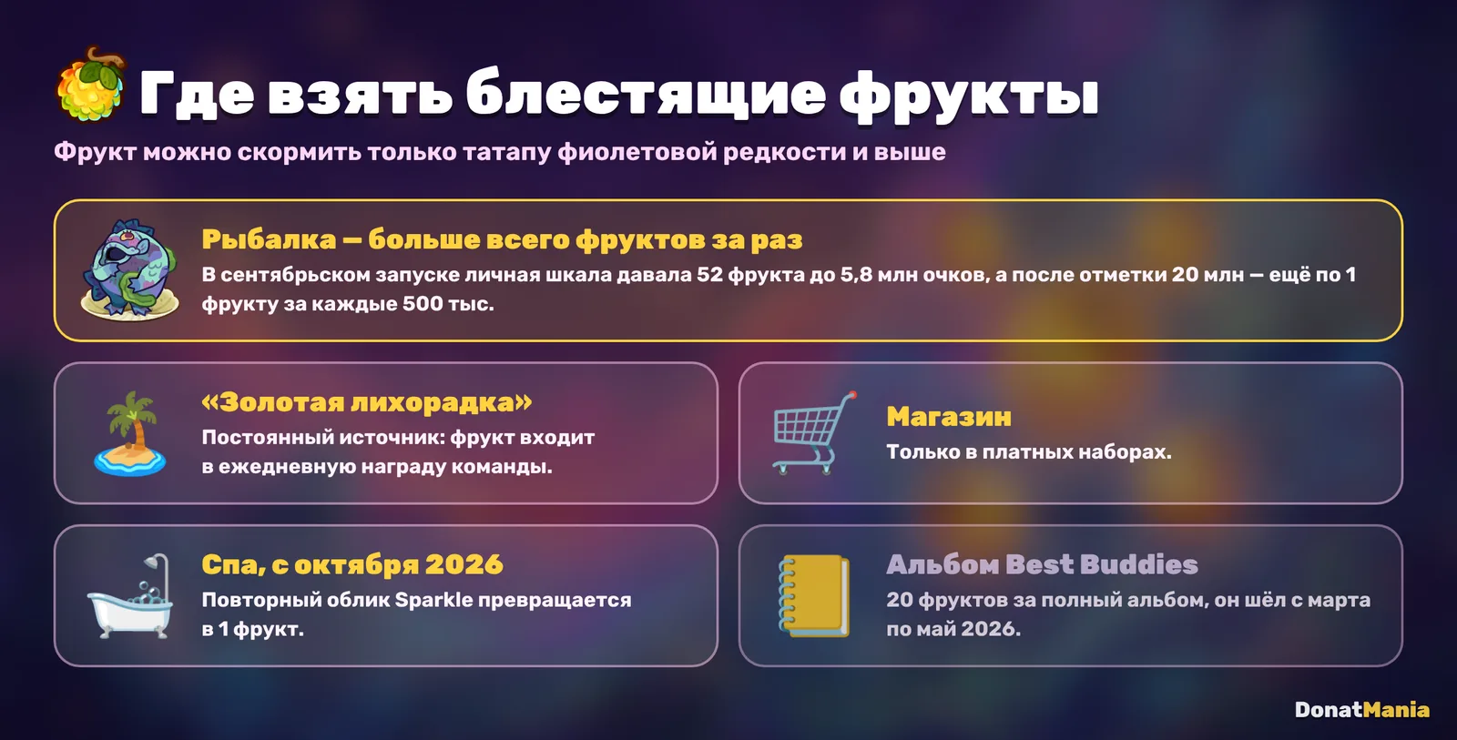 Источники блестящих фруктов в Clash of Critters: рыбалка, Золотая лихорадка, магазин, спа и альбом Best Buddies