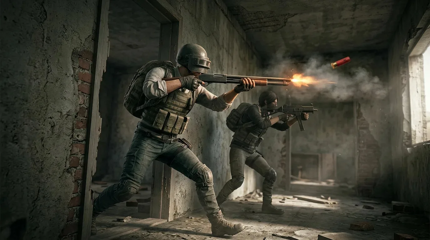 Штурм здания в PUBG Mobile: боец с помповым дробовиком и напарник с пистолетом-пулемётом