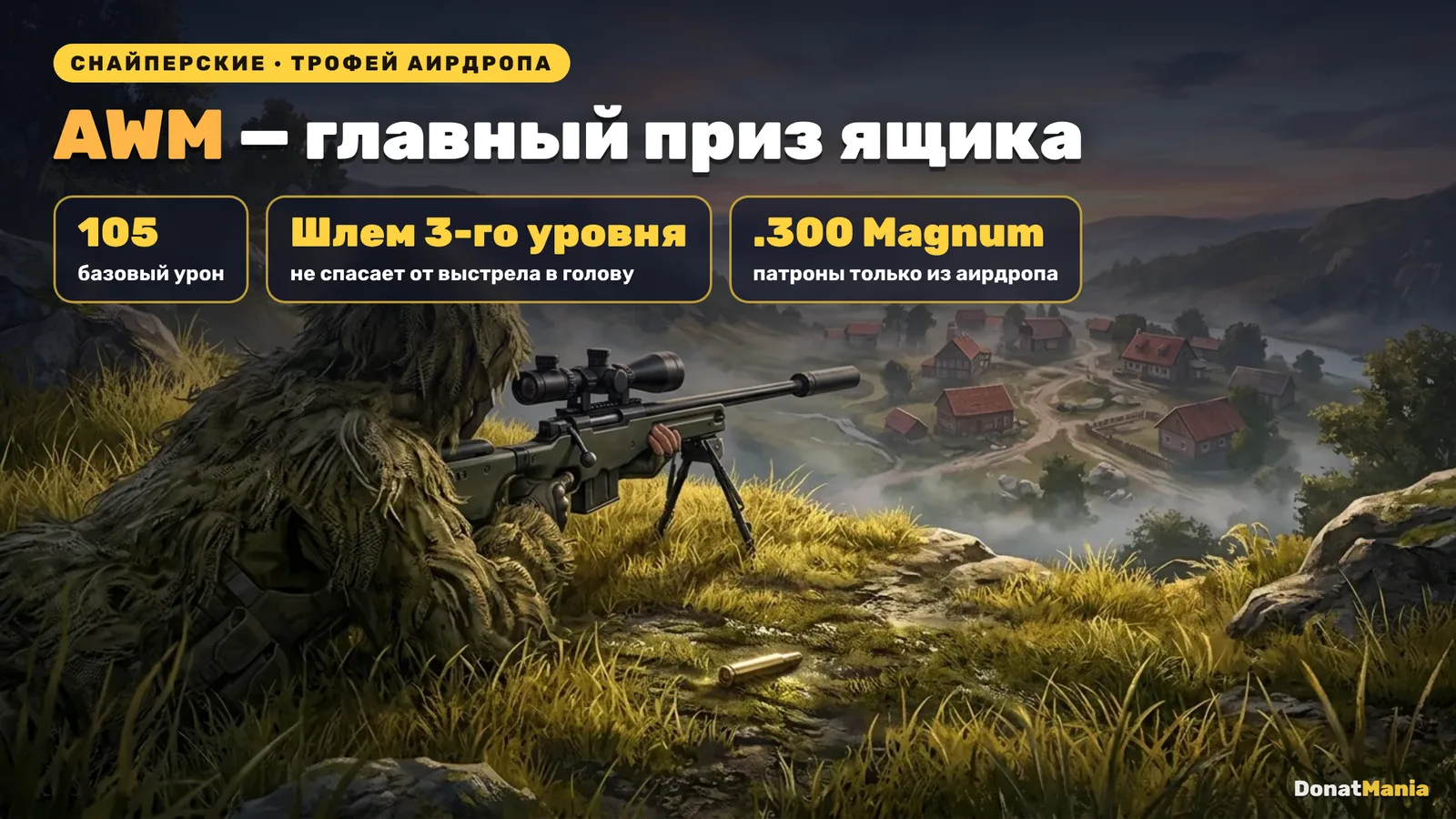 AWM в PUBG Mobile: базовый урон 105, пробивает шлем 3-го уровня в голову, патроны .300 Magnum из аирдропа