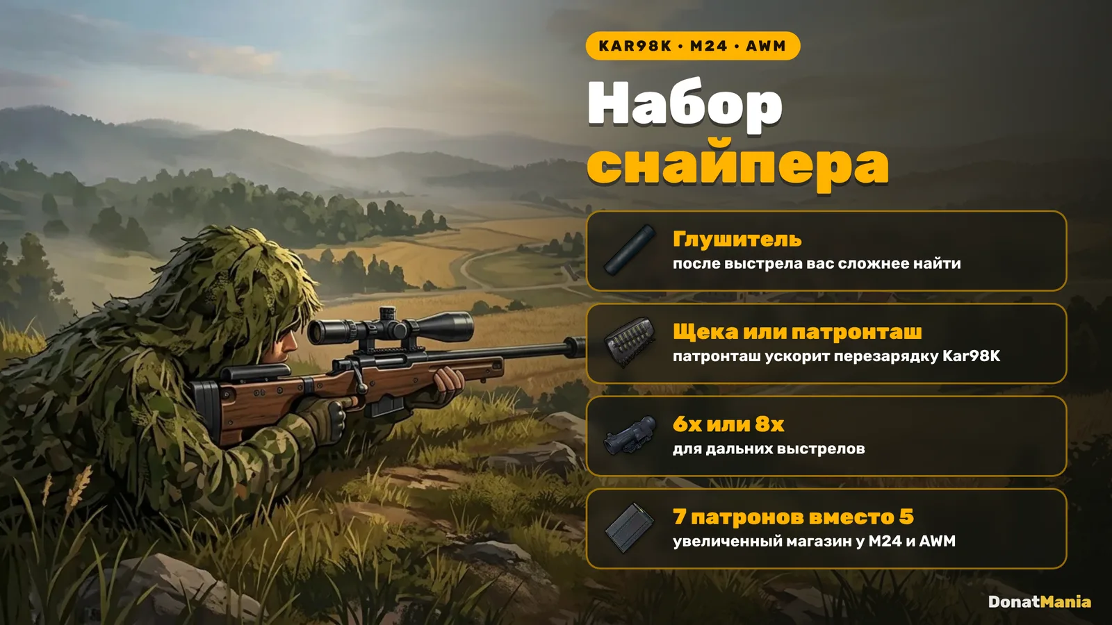 Снайпер в маскхалате на холме с винтовкой с глушителем и набором обвесов для снайперских винтовок
