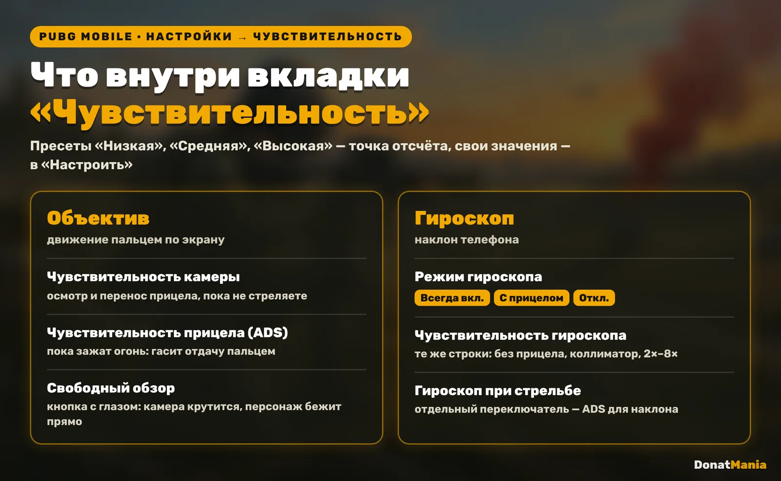 Схема вкладки «Чувствительность» в PUBG Mobile: разделы «Объектив» и «Гироскоп» и что в каждом