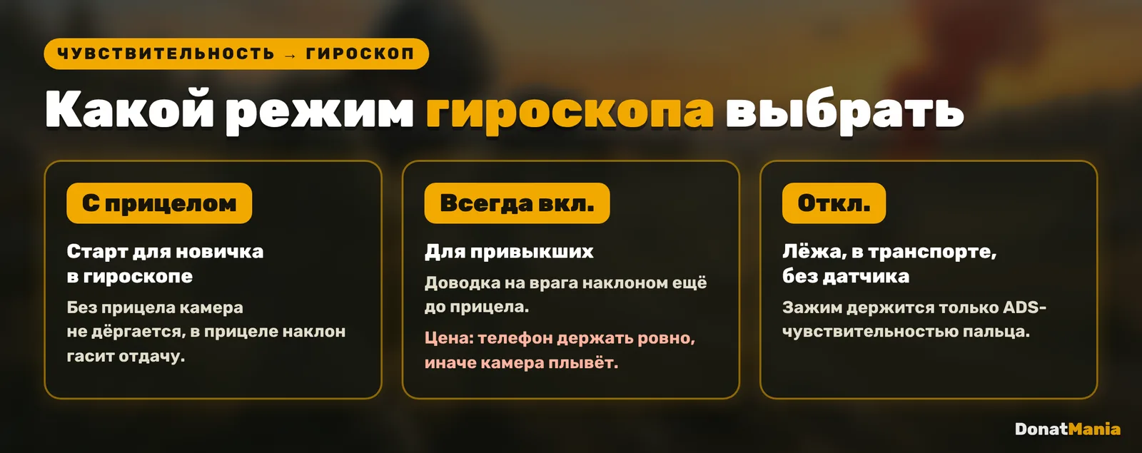 Три режима гироскопа PUBG Mobile: «С прицелом», «Всегда вкл.» и «Откл.» — кому какой подходит