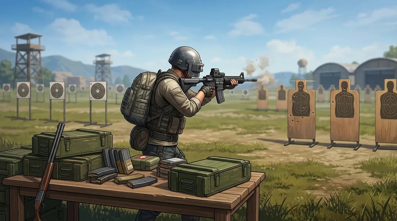 Игрок в шлеме 3-го уровня стреляет из M416 по мишеням на тренировочной площадке PUBG Mobile