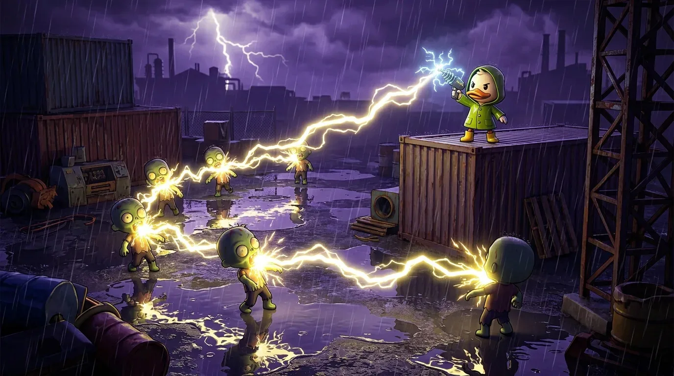 Duck Survival: цепная молния перескакивает между зомби под ночным ливнем