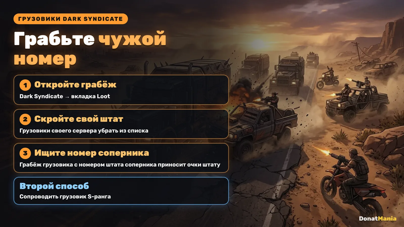 Грузовики Dark Syndicate: открыть Loot, скрыть свой штат, искать номер соперника, сопровождать S-ранг