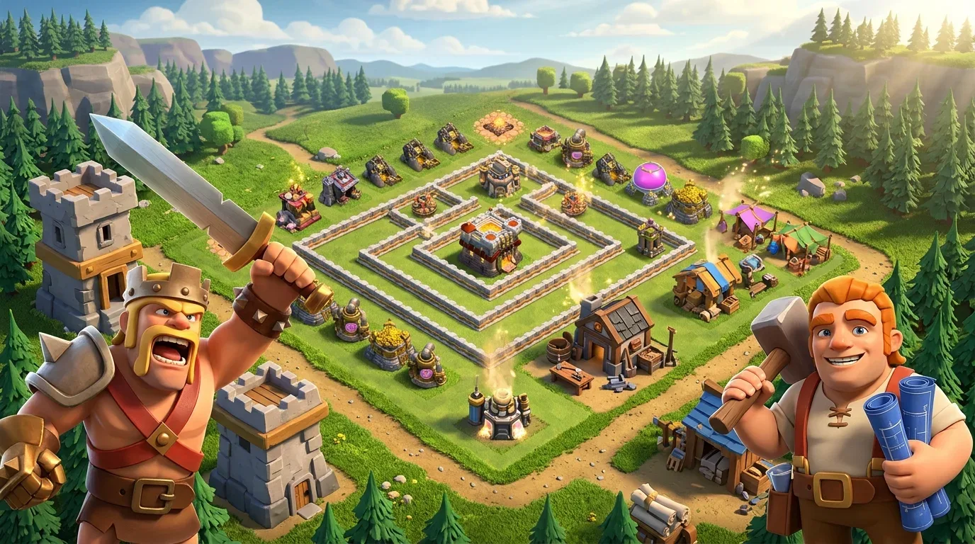 Варвар с мечом и строитель с молотом по краям аккуратной деревни Clash of Clans