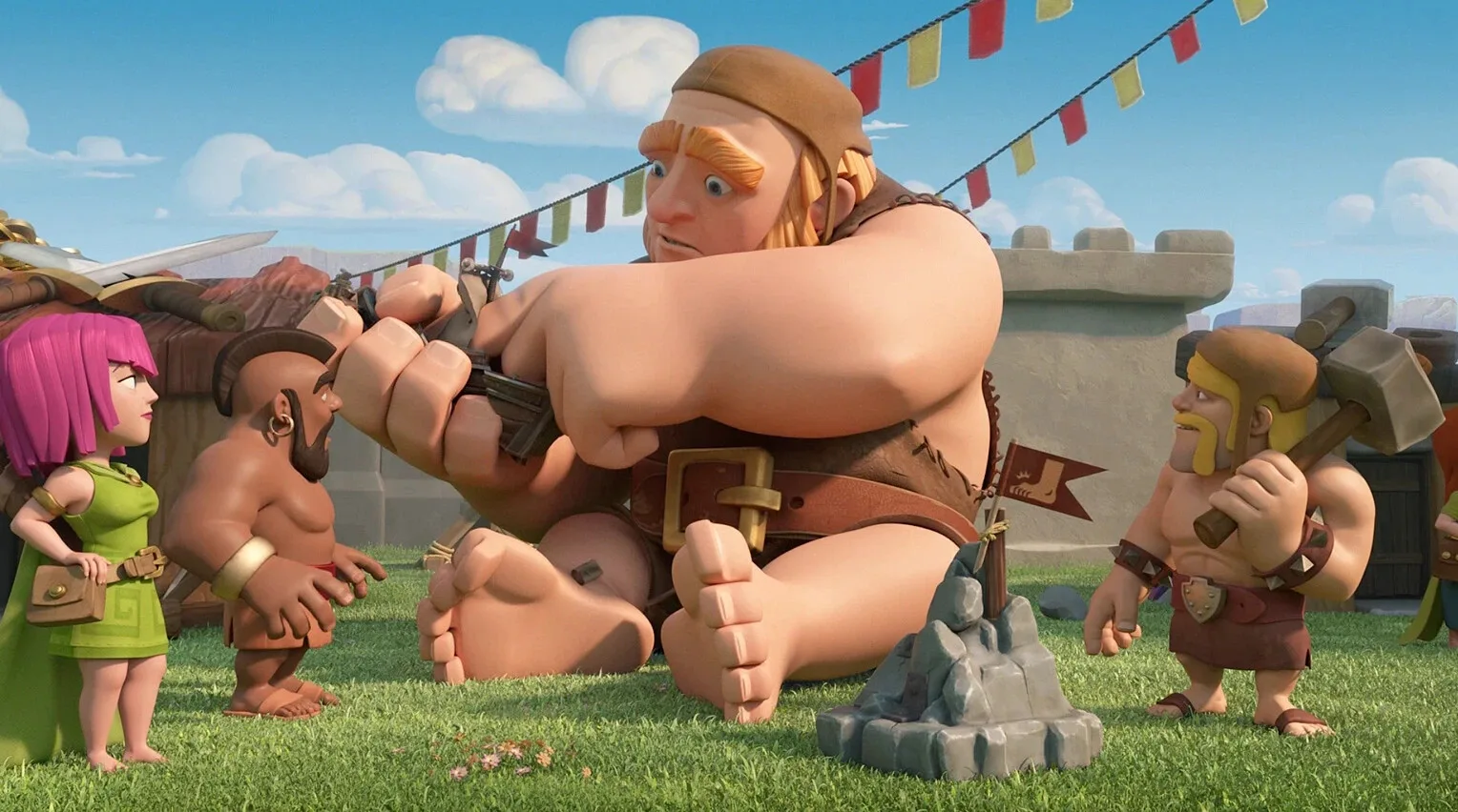 Великан, лучница, всадник на кабане и варвар у стен деревни Clash of Clans