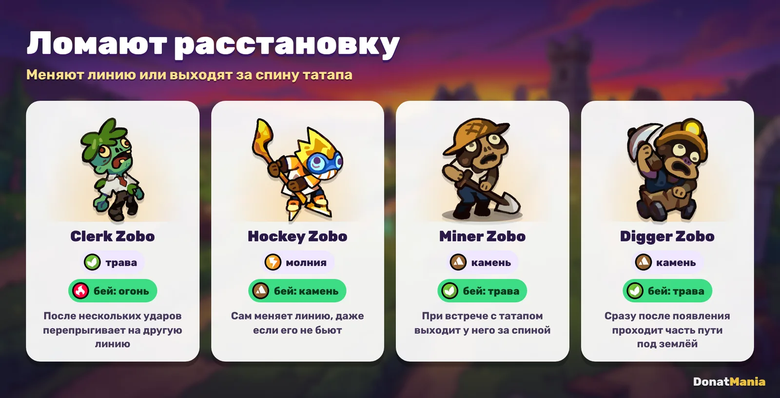 Clerk, Hockey, Miner и Digger: зобо, которые меняют ряд или заходят за спину