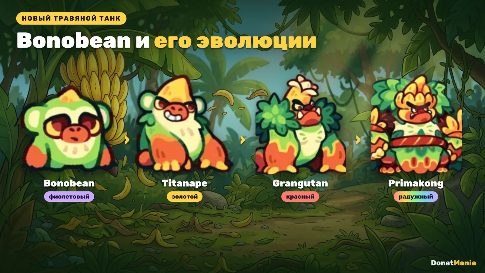 Bonobean в Clash of Critters и его эволюции: Titanape, Grangutan, Primakong