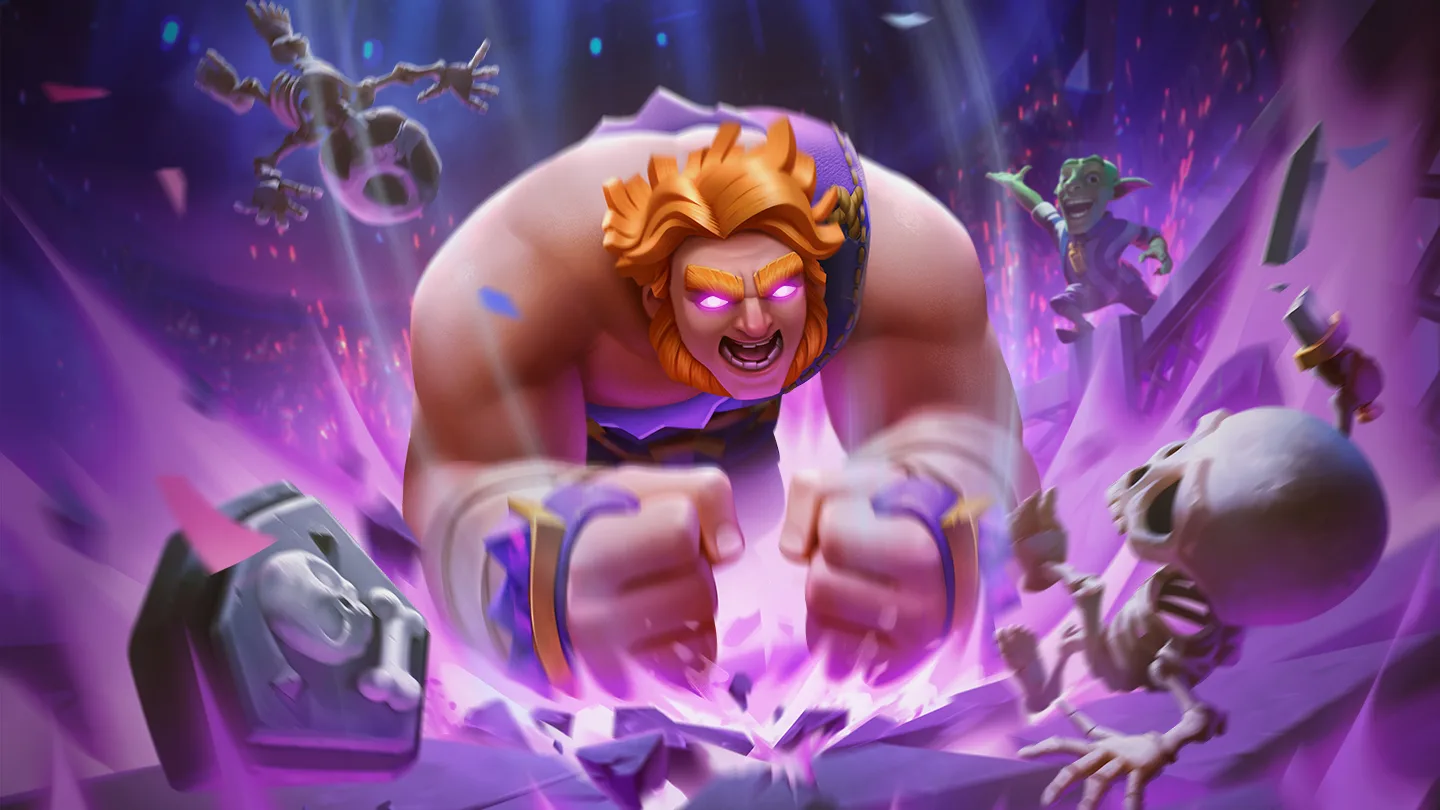Эволюция Гиганта в Clash Royale: разъярённый Гигант с горящими глазами бьёт кулаками в землю